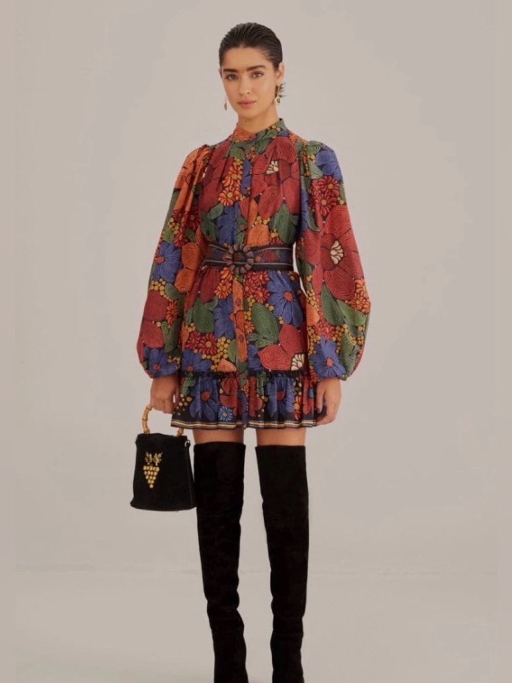 Farm Rio Long-Sleeve Stitched Flowers Mini Dress
